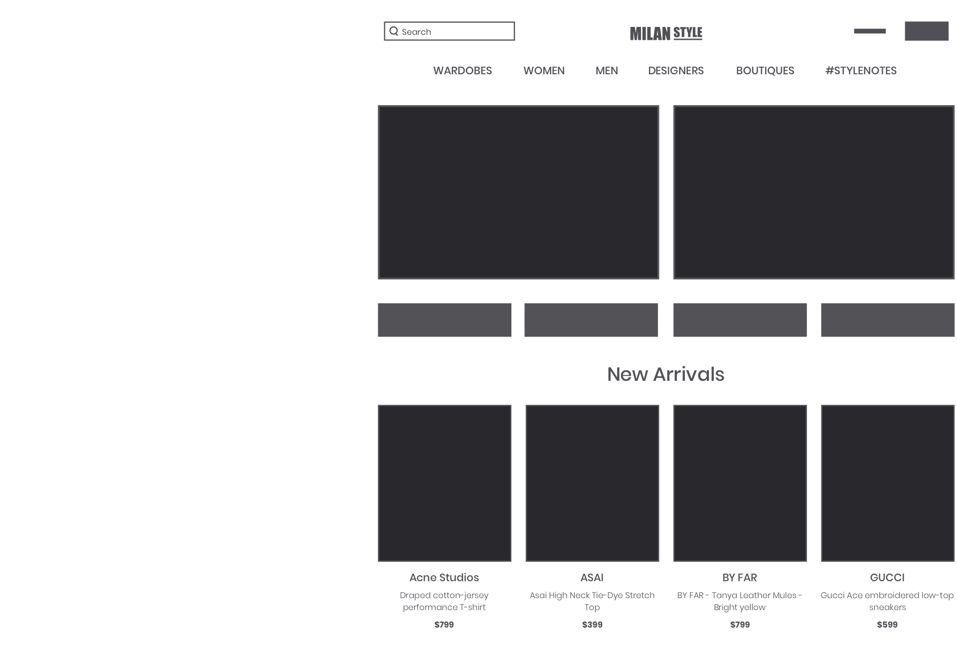 Milanstyle. Wireframes